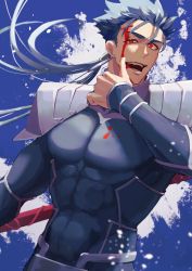 Rule 34 | 1boy, blood, blood on face, blue hair, cu chulainn (fate), earrings, fate/grand order, fate/stay night, fate (series), gae bolg (fate), haruakira, highres, holding, jewelry, large pectorals, long hair, male focus, muscular, muscular male, pectorals, polearm, ponytail, red eyes, smile, solo, spear, weapon