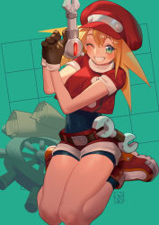 Rule 34 | 1girl, belt, bike shorts, blonde hair, breasts, brown gloves, cabbie hat, commentary, cropped jacket, full body, gloves, green eyes, grin, hat, highres, jacket, legs together, long hair, looking at viewer, medium breasts, mega man (series), mega man legends (series), one eye closed, poch4n, red hat, red jacket, red shorts, roll caskett (mega man), short sleeves, shorts, sitting, smile, solo, wariza, wrench