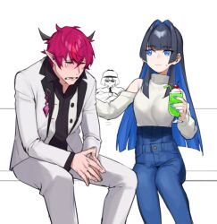 Rule 34 | 1boy, 2girls, black hair, black shirt, blue eyes, blue hair, blue nails, blue pants, blunt bangs, blush, breasts, buffson, cherry, closed eyes, closed mouth, collared shirt, colored inner hair, comforting, commentary, couch, crossed arms, crying, cup, dasdokter, deerstalker, demon horns, denim, detached sleeves, dress shirt, drinking straw, english commentary, feet out of frame, food, formal, fruit, furrowed brow, genderswap, genderswap (ftm), hair between eyes, hair intakes, hand on another&#039;s back, hat, high-waist pants, holding, holding cup, hololive, hololive english, horns, iryk (hololive), irys (hololive), jacket, jeans, long hair, long sleeves, medium breasts, motion lines, multicolored hair, multiple girls, nail polish, necktie, official alternate costume, open clothes, open jacket, open mouth, ouro kronii, ouro kronii (casual), own hands together, pants, pointy ears, purple hair, red hair, shirt, shirt tucked in, short hair, sidelocks, simple background, sitting, steepled fingers, straight hair, suit, sunglasses, sweatdrop, tears, turtleneck, two-tone hair, virtual youtuber, watson amelia, white background, white jacket, white pants, white shirt, white suit, wing collar