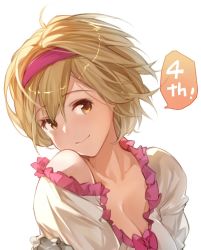 Rule 34 | 1girl, ahoge, anniversary, bad id, bad twitter id, blonde hair, blush, breasts, brown eyes, cleavage, closed mouth, collarbone, djeeta (granblue fantasy), frills, gloves, granblue fantasy, grey gloves, hairband, hana mori, hand on own arm, head tilt, highres, looking at viewer, medium breasts, off shoulder, pink hairband, short hair, simple background, single bare shoulder, smile, solo, speech bubble, tareme, upper body, white background