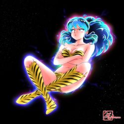 Rule 34 | 1girl, :t, angry, aqua hair, aura, bare arms, bare shoulders, black background, blush, boots, breasts, cleavage, crossed ankles, crossed arms, electricity, electrokinesis, floating, floating hair, full body, highres, horns, knee boots, long hair, looking down, lum, midriff, navel, pointy ears, pout, shorts, sidelocks, simple background, sky, solo, star (sky), starry sky, strapless, tiger stripes, umeboshiyatura, urusei yatsura