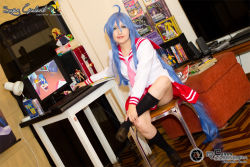 Rule 34 | 1girl, blue hair, computer, cosplay, female focus, izumi konata, izumi konata (cosplay), legs, long hair, lucky star, photo (medium), solo, tagme