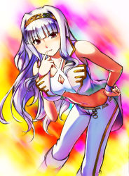Rule 34 | 1girl, bent over, breasts, cleavage, emanon123, female focus, finger to mouth, gradient background, grey hair, hairband, hand on own hip, hip focus, idolmaster, idolmaster (classic), large breasts, long hair, midriff, navel, pants, red eyes, shijou takane, solo, wristband