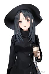 Rule 34 | 1girl, :d, bad id, bad pixiv id, bag, black eyes, black hair, blush, coat, cup, emyo, hat, long hair, open mouth, original, simple background, smile, solo, teeth, white background