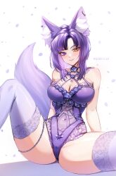 Rule 34 | 1girl, absurdres, animal ear fluff, animal ears, artist name, awful queen (vtuber), breasts, fox ears, fox girl, fox tail, heterochromia, highres, indie virtual youtuber, large breasts, looking at viewer, monster girl, purple hair, rebeccagoddes, short hair, solo, tail, thighhighs, underwear