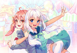 Rule 34 | 2girls, :d, ahoge, amusement park, artist name, back-to-back, balloon, black shirt, bloomers, blue eyes, blush, bow, dark-skinned female, dark skin, dress, ferris wheel, from side, green dress, hair between eyes, hair bow, hair ornament, hair scrunchie, hairclip, hyanna-natsu, leg up, locked arms, long hair, long sleeves, looking at viewer, looking to the side, low twintails, multiple girls, open mouth, orange eyes, orange hair, original, outdoors, outstretched arm, palms, round teeth, scrunchie, shirt, short sleeves, silver hair, smile, sparkle, tareme, teeth, thighhighs, twintails, underwear, upskirt, white legwear, yellow bow
