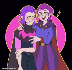 Rule 34 | 1boy, 1girl, black nails, brawl stars, cape, clash mini, clash of clans, countess (clash mini), crossover, ear piercing, earrings, embarrassed, forehead piercing, highres, jewelry, look-alike, mortis (brawl stars), pants, piercing, pointy ears, purple hair, simple background, smile, supercell (band), tubbiegordito, vampire