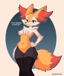 Rule 34 | 1girl, :3, animal ear fluff, animal ears, animal nose, arm at side, artist name, azoomer, black fur, black thighhighs, blue background, blush, body fur, braixen, breasts, cleft of venus, creatures (company), english text, female focus, fox ears, fox girl, fox tail, furry, furry female, game freak, gen 6 pokemon, gradient background, groin, hand on own hip, happy, highres, legs together, light blush, looking at viewer, medium breasts, multicolored fur, navel, neck fur, nintendo, nipples, nose blush, nude, open mouth, outline, outside border, personification, pokemon, pokemon (creature), pussy, raised eyebrows, red eyes, smile, snout, solo, stomach, tail, talking, thighhighs, uncensored, watermark, white fur, white outline, yellow fur