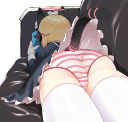 Rule 34 | 1girl, animal ear headphones, animal ears, ass, black dress, blue archive, cat ear headphones, cat tail, commentary request, couch, dress, facing away, fake animal ears, fake tail, from behind, halo, headphones, highres, long sleeves, lying, momoi (blue archive), on couch, on stomach, panties, pink halo, playing games, solo, striped clothes, striped panties, tail, teruisi, thighhighs, underwear, white thighhighs