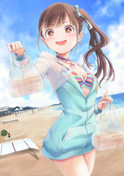 Rule 34 | + +, 1girl, alternate hairstyle, arigato (rmskrtkdlqj), beach, beach chair, bikini, bikini top only, bikini under clothes, blue sky, brown eyes, brown hair, cloud, commentary, day, drooling, dutch angle, earrings, food, fruit, hair ribbon, halterneck, highres, idolmaster, idolmaster shiny colors, jacket, jewelry, long hair, long sleeves, looking at viewer, nail polish, ocean, outdoors, ribbon, shore, side ponytail, sky, solo, sonoda chiyoko, sparkling eyes, striped bikini, striped clothes, swimsuit, watermelon, yakisoba