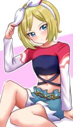 Rule 34 | 1girl, amai-tapioca, arm support, belt, blonde hair, blue eyes, blue shorts, bow, bow hairband, creatures (company), criss-cross straps, crop top, denim, denim shorts, frilled shorts, frills, game freak, gold belt, hairband, hand on headwear, head tilt, irida (pokemon), irida (special costume) (pokemon), knee up, light blush, looking at viewer, midriff, multicolored shirt, navel, nintendo, official alternate costume, parted bangs, pink background, pokemon, pokemon masters ex, shadow, shorts, sidelocks, simple background, sitting, stomach, two-tone background, white background, white bow, white hairband