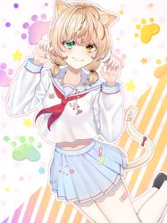 Rule 34 | 1girl, animal ear fluff, animal ears, bandaid, bandaid on clothes, bandaid on leg, bandaid on tail, black footwear, blonde hair, blue skirt, blush, cat ears, cat girl, cat ornament, cat tail, claw pose, closed mouth, collarbone, commentary request, green eyes, hands up, heterochromia, highres, kana giri, long sleeves, looking at viewer, low twintails, medium hair, midriff, midriff peek, neckerchief, orange eyes, original, paw print, pleated skirt, red ribbon, ribbon, sailor collar, school uniform, serafuku, shirt, shoes, short twintails, skirt, smile, solo, striped, striped background, tail, twintails, white legwear, white shirt