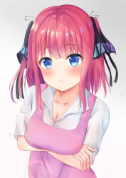 Rule 34 | 1girl, absurdres, apron, arms under breasts, black ribbon, blue eyes, blunt bangs, blush, breast hold, breasts, butterfly hair ornament, cleavage, collarbone, collared shirt, comiket 97, commentary, crossed arms, expressionless, eyelashes, go-toubun no hanayome, hair ornament, hair ribbon, highres, large breasts, light particles, looking at viewer, medium hair, nakano nino, pink apron, pink hair, ribbon, shirt, short sleeves, sidelocks, simple background, solo, sparkle, umineco 1, white background, white shirt