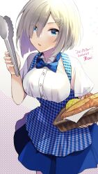 Rule 34 | 1girl, alternate costume, anbutter siruko, apron, blue apron, blue bow, blue bowtie, blue eyes, blue skirt, bow, bowtie, bread, breasts, checkered apron, checkered clothes, dated, employee uniform, food, gingham, gingham apron, grey hair, hair ornament, hair over one eye, hairclip, hamakaze (kancolle), high-waist skirt, highres, kantai collection, kobeya uniform, large breasts, looking at viewer, plaid, plaid apron, pleated shirt, polka dot, polka dot background, short hair, signature, skirt, solo, tongs, uniform, waitress, white background