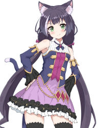 Rule 34 | 1girl, absurdres, animal ear fluff, animal ears, black hair, black ribbon, black thighhighs, black vest, blush, bow, cat ears, cat girl, cat tail, closed mouth, commentary, cowboy shot, detached sleeves, frilled skirt, frills, green eyes, hair ornament, hands on own hips, highres, hiougi, karyl (princess connect!), long hair, multicolored hair, princess connect!, purple skirt, red bow, ribbon, shirt, skirt, sleeveless, sleeveless shirt, smile, solo, streaked hair, tail, tears, thighhighs, vest, white background, white hair, white shirt, zettai ryouiki