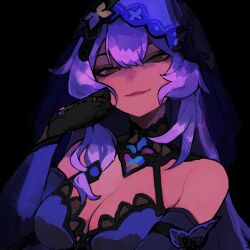Rule 34 | 1girl, arlecchumi, bare shoulders, black background, black gloves, black swan (honkai: star rail), breasts, cleavage, commentary, elbow gloves, gloves, honkai: star rail, honkai (series), long hair, looking at viewer, pink lips, purple hair, simple background, solo, upper body, very long hair