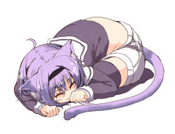 Rule 34 | 1girl, :3, ahoge, all fours, animal ear fluff, animal ears, cat ears, cat girl, cat tail, clenched hands, closed eyes, commentary request, curled up, full body, hairband, highres, hololive, long hair, long sleeves, midriff, nekomata okayu, nekomata okayu (casual), official alternate costume, poruneko, purple eyes, purple hair, purple hairband, purple shirt, purple thighhighs, sailor collar, school uniform, serafuku, shirt, short shorts, shorts, simple background, sleeping, solo, tail, thighhighs, top-down bottom-up, virtual youtuber, white background, white sailor collar, white shorts