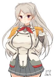 Rule 34 | 1girl, artist name, beret, breasts, brown eyes, buttons, collared shirt, conte di cavour (kancolle), cosplay, dated, double-breasted, epaulettes, frilled sleeves, frills, gloves, grey hair, grey skirt, hat, highres, jacket, kantai collection, kashima (kancolle), kashima (kancolle) (cosplay), large breasts, long hair, long sleeves, looking at viewer, military, military jacket, military uniform, miniskirt, neckerchief, owa (ishtail), pleated skirt, red neckerchief, shirt, simple background, skirt, solo, twitter username, two side up, uniform, white background, white gloves, white jacket