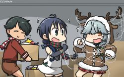 Rule 34 | 3girls, animal hood, antlers, black gloves, black hair, black legwear, black sailor collar, blue hair, box, braid, brown eyes, brown sailor collar, brown serafuku, brown shorts, christmas lights, closed eyes, commentary request, cowboy shot, dated, elbow gloves, gloves, green eyes, grey hair, hair over one eye, hair ribbon, hamanami (kancolle), hamu koutarou, highres, hood, hooded jacket, hoodie, horns, jacket, kantai collection, long hair, long sleeves, low twintails, mogami (kancolle), multiple girls, neckerchief, one-hour drawing challenge, plaid, plaid skirt, pleated skirt, red skirt, reindeer antlers, reindeer hood, ribbon, sailor collar, scarf, school uniform, serafuku, short hair, shorts, single braid, skirt, sleeveless, striped clothes, striped scarf, suzukaze (kancolle), swept bangs, thighhighs, twintails, white skirt