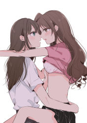 Rule 34 | 2girls, ajiwo, blue eyes, blush, bra, breasts, brown eyes, brown hair, character request, commentary request, eye contact, girl on top, highres, idolmaster, idolmaster cinderella girls, long hair, looking at another, multiple girls, parted lips, underwear, yuri