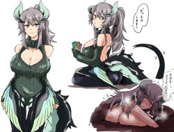 Rule 34 | 1girl, alternate costume, alternate hairstyle, back cutout, bare shoulders, blush, breasts, card, chamber dragonmaid, cleavage, clothing cutout, comic, detached sleeves, dragon horns, dragon tail, dragon wings, duel monster, grey eyes, grey hair, highres, holding, holding card, horns, implied after sex, large breasts, looking at viewer, lying, on stomach, partially translated, ponytail, ribbed sweater, seiza, sitting, sleeveless, sleeveless sweater, sweat, sweater, tail, tkool man, translation request, turtleneck, turtleneck sweater, wings, yu-gi-oh!