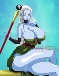 Rule 34 | 10s, 1girl, angel (dragon ball), ass, blue skin, breasts, colored skin, dicasty, dragon ball, dragon ball super, dress, female focus, highres, huge breasts, shiny skin, smile, solo, source request, staff, text focus, thighs, vados (dragon ball), white hair