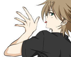 Rule 34 | 10s, 1boy, against wall, brown hair, cardfight!! vanguard, green eyes, highres, kai toshiki, licking, looking at viewer, male focus, solo, tagme, tongue, tongue out