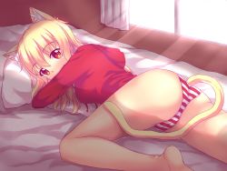 Rule 34 | 1girl, animal ears, ass, barefoot, bed, blonde hair, blush, breasts, cameltoe, cat ears, cat tail, from behind, highres, long hair, looking at viewer, looking back, lying, naala, nottytiffy, on stomach, orange eyes, original, panties, shiny skin, sideboob, solo, striped clothes, striped panties, tail, underwear