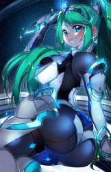 Rule 34 | 1girl, ass, bodysuit, breasts, earrings, green eyes, green hair, highres, jewelry, large breasts, latex, latex bodysuit, long hair, pneuma (xenoblade), ponytail, smile, solo, spoilers, thighhighs, unicorn girl, xenoblade chronicles (series), xenoblade chronicles 2, yagi (kyuhyun)