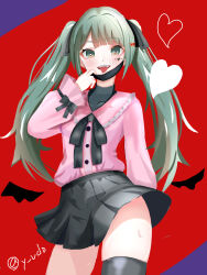 Rule 34 | 1girl, absurdres, fang, fangs, hair ornament, hatsune miku, heart, highres, jewelry, jirai kei, long hair, long sleeves, looking at viewer, mask, mask pull, mouth mask, mouth pull, open mouth, red background, shirt, smile, solo, twintails, user rjff7554, vampire (vocaloid), vocaloid