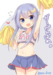 Rule 34 | 1girl, :d, arm up, armpits, bare arms, bare shoulders, blue eyes, blue hair, blue skirt, blush, breasts, character name, cheerleader, clothes writing, collarbone, commentary request, cowboy shot, crescent, crescent hair ornament, crop top, flying sweatdrops, hair ornament, head tilt, holding, holding pom poms, kantai collection, long hair, looking at viewer, midriff, miniskirt, navel, open mouth, pleated skirt, pom pom (cheerleading), pom poms, shirt, sketch, skirt, sleeveless, sleeveless shirt, small breasts, smile, solo, sou (soutennkouchi), stomach, tareme, translation request, twitter username, white shirt, yayoi (kancolle)