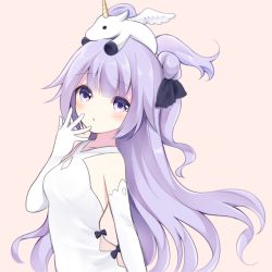 Rule 34 | 1girl, :o, azur lane, beige background, blush, commentary request, dress, elbow gloves, gloves, hair bun, highres, long hair, looking at viewer, purple eyes, purple hair, shiratoriko, simple background, single hair bun, solo, unicorn, unicorn (azur lane), white dress, white gloves
