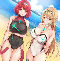 Rule 34 | 2girls, black one-piece swimsuit, blonde hair, breasts, chest jewel, competition swimsuit, headpiece, highres, large breasts, long hair, multiple girls, mythra (radiant beach) (xenoblade), mythra (xenoblade), noeomi, one-piece swimsuit, pyra (pro swimmer) (xenoblade), pyra (xenoblade), red eyes, red hair, red one-piece swimsuit, ribbed swimsuit, short hair, strapless, strapless one-piece swimsuit, striped clothes, striped one-piece swimsuit, swept bangs, swimsuit, tiara, two-tone swimsuit, vertical-striped clothes, vertical-striped one-piece swimsuit, very long hair, white one-piece swimsuit, xenoblade chronicles (series), xenoblade chronicles 2, yellow eyes