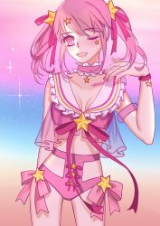 Rule 34 | 1girl, absurdres, alternate costume, alternate hair color, alternate hairstyle, bikini, breasts, choker, cleavage, highres, jewelry, league of legends, looking at viewer, lux (league of legends), magical girl, pink eyes, pink hair, sailor collar, solo, star (symbol), star guardian (league of legends), star guardian lux, swimsuit, tiara, wink