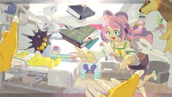 Rule 34 | 2girls, bed, book, coat, creatures (company), dendra (pokemon), e volution, earrings, falling, fingerless gloves, game freak, gen 1 pokemon, gen 5 pokemon, gen 7 pokemon, gen 8 pokemon, gloves, green eyes, green footwear, heal ball, hypno, indoors, jewelry, leg up, long hair, long sleeves, lower teeth only, miriam (pokemon), multiple girls, nintendo, open clothes, open coat, open mouth, pincurchin, pink hair, poke ball, pokemon, pokemon (creature), pokemon sv, purple skirt, sawsbuck, shoes, skirt, spread fingers, sweater, teeth, toxapex, yellow gloves, yellow sweater