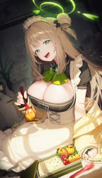 Rule 34 | 1girl, absurdres, apron, bento, blonde hair, blue archive, bow, bowtie, breasts, cleavage, dl (dl 6ix), fingerless gloves, gloves, green bow, green bowtie, green eyes, halo, highres, holding, holding spoon, jacket, jacket partially removed, large breasts, leaning to the side, long hair, long sleeves, maid, maid apron, maid headdress, nonomi (blue archive), open mouth, rice, short sleeves, solo, spoon