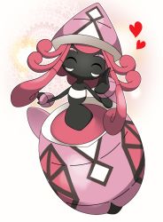 Rule 34 | 1girl, black skin, closed eyes, colored skin, creatures (company), daipy, female focus, full body, game freak, gen 7 pokemon, happy, hat, heart, legendary pokemon, nintendo, no humans, no mouth, outstretched arm, pink hair, pink hat, pokemon, pokemon (creature), solo, tapu lele