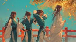 Rule 34 | 4boys, arm behind back, armor, arms behind head, artist name, blue hanfu, bracer, bridge, brown hair, chinese clothes, chu wanning, clenched hand, closed eyes, closed mouth, day, erha he tadebai mao shizun, falling leaves, from side, frown, furrowed brow, hair tie, half updo, hand on own hip, hanfu, high ponytail, highres, leaf, lisa buijteweg, long hair, long sleeves, looking at another, mo ran, multiple boys, open mouth, purple eyes, sash, shi mei, shoulder armor, smile, tassel, tree, upper body, walking, wide sleeves, xiao guan (headdress), xue meng