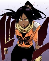 bad_tag bleach blood breast_tattoo cameltoe dark-skinned_female dark_skin hair_ornament leggings long_hair looking_at_viewer manga_page official_art pants purple_hair shihouin_yoruichi standing stomach_tattoo surprised tattoo thigh_gap tight_clothes tight_pants wide-eyed yellow_eyes yoga_pants