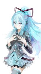 Rule 34 | 1girl, absurdres, black jacket, black thighhighs, blue eyes, blue hair, blue skirt, closed mouth, cowboy shot, hair ribbon, hands on own chest, hatsune miku, hatsune miku (if), headphones, highres, jacket, light smile, long hair, long sleeves, looking at viewer, miniskirt, own hands together, pleated skirt, ponytail, ribbon, rsef, simple background, skirt, solo, standing, thighhighs, very long hair, vocaloid, white background