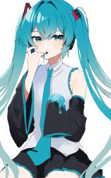 Rule 34 | 1girl, absurdres, bare shoulders, black skirt, blue eyes, blue hair, blue necktie, blush, detached sleeves, eating, food, hair between eyes, hatsune miku, highres, holding, holding food, ice cream, long hair, looking at viewer, necktie, open mouth, simple background, skirt, sleeves past wrists, solo, twintails, tyazakura sayu, very long hair, vocaloid, white background