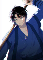 Rule 34 | 1boy, akatsuki no yona, black hair, blood, blood on face, blue eyes, blue robe, facing viewer, hak (akatsuki no yona), highres, holding, holding weapon, jewelry, korean clothes, long sleeves, looking down, male focus, necklace, robe, short hair, solo, to mi4922, weapon, white background