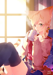 Rule 34 | 1girl, animal ears, artist name, black thighhighs, blonde hair, blush, braid, cardigan, cat ears, cat tail, cup, hair bobbles, hair ornament, highres, holding, lili mdoki, looking at viewer, open cardigan, open clothes, open mouth, original, sitting, skirt, slit pupils, solo, tail, thighhighs, yellow eyes