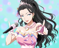 Rule 34 | 1girl, anbj, aqua background, bead necklace, beads, black hair, braid, breasts, cinderella dream (idolmaster), cleavage, dress, earrings, executive mishiro, gloves, green eyes, hair pulled back, idolmaster, idolmaster cinderella girls, jewelry, large breasts, long hair, microphone, necklace, open mouth, pink dress, pinky out, pointing, red lips, smile, solo, star (symbol), tiara, upper body, wavy hair, white gloves