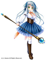 Rule 34 | 1girl, blue skirt, boots, bow, bowtie, breasts, brown footwear, character request, closed mouth, commentary request, corset, cross-laced footwear, green eyes, green hair, hand on own chest, hand up, holding, holding staff, koutetsu no shugo hime heidan-maiden ritter-, lace-up boots, large breasts, long hair, long sleeves, official art, orange bow, orange bowtie, orb, pleated skirt, pom pom (clothes), puffy long sleeves, puffy sleeves, shirt, shitou, simple background, skirt, sleeves past wrists, smile, solo, staff, standing, striped clothes, striped skirt, thighhighs, twintails, vertical-striped clothes, vertical-striped skirt, very long hair, white background, white shirt, white thighhighs
