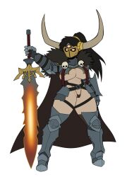 Rule 34 | 1girl, archaon the everchosen, armor, armored boots, belt, bikini armor, black hair, boots, breast curtains, breasts, cape, couter, covered face, cuisses, elbow pads, faceless, faceless female, fake horns, fantasy, faulds, female knight, full body, fur-trimmed cape, fur trim, gauntlets, genderswap, gorget, greatsword, greaves, helmet, highleg, highleg panties, highres, holding, holding sword, holding weapon, horned helmet, horns, knee pads, knight, large breasts, no bra, panties, poleyn, ponytail, rerebrace, sabaton, skull, solo, standing, sword, thigh strap, third eye, thong, transparent background, two-handed, underwear, vambraces, warhammer fantasy, weapon, xelsword