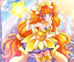 Rule 34 | 1girl, amanogawa kirara, arm up, armpits, bare shoulders, boots, breasts, brooch, choker, closed mouth, cowboy shot, cure twinkle, dress, earrings, covered erect nipples, from above, gloves, go! princess precure, hanzou, highres, index finger raised, jewelry, long hair, looking at viewer, magical girl, multicolored hair, orange hair, precure, purple eyes, red hair, smile, solo, stained glass, star (symbol), star earrings, streaked hair, thigh boots, thighhighs, twintails, two-tone hair, very long hair, white gloves, yellow dress
