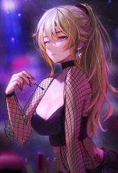 Rule 34 | 1girl, absurdres, alternate costume, black nails, black tank top, blonde hair, blue eyes, breasts, choker, cleavage, crop top, earrings, fingernails, fishnet top, fishnets, frown, genshin impact, goth fashion, gothic, hair between eyes, highres, huge filesize, jean (genshin impact), jewelry, large breasts, light particles, light rays, lips, long hair, looking at viewer, makeup, mascara wand, nail polish, nose, ponytail, sidelocks, signature, solo, sunbeam, sunlight, tank top, tattoo, upper body, xude