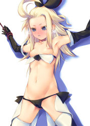 Rule 34 | 1girl, 5pb., armpits, bdsm, black panties, blonde hair, blue eyes, blush, bondage, bound, bravely default: flying fairy, bravely default (series), breasts, edea lee, elbow gloves, female focus, gloves, hair ribbon, heart, heart-shaped pupils, kirishima satoshi, long hair, navel, nipples, panties, pussy juice, pussy juice stain, restrained, ribbon, rope, small breasts, solo, symbol-shaped pupils, thighhighs, underwear, wet, wet clothes, wet panties, white background, white thighhighs