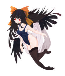 Rule 34 | 1girl, absurdres, bird wings, black hair, black thighhighs, black wings, blue one-piece swimsuit, blush, bow, breasts, cape, cleavage, closed mouth, commentary request, competition swimsuit, covered navel, expressionless, full body, hair bow, highres, long hair, looking at viewer, medium breasts, no shoes, one-piece swimsuit, orange bow, red eyes, reiuji utsuho, shiny skin, simple background, solar flare (bkjglt), solo, swimsuit, thighhighs, touhou, white background, white cape, wings